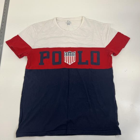 Polo Ralph Lauren Shirt Mens Medium Red Navy Custom Slim Fit Colorblock Shield - Picture 1 of 15